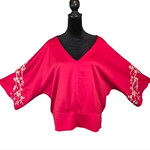 New York & Company Red Kimono Sleeve Silky Blouse Embroidered Floral Size L